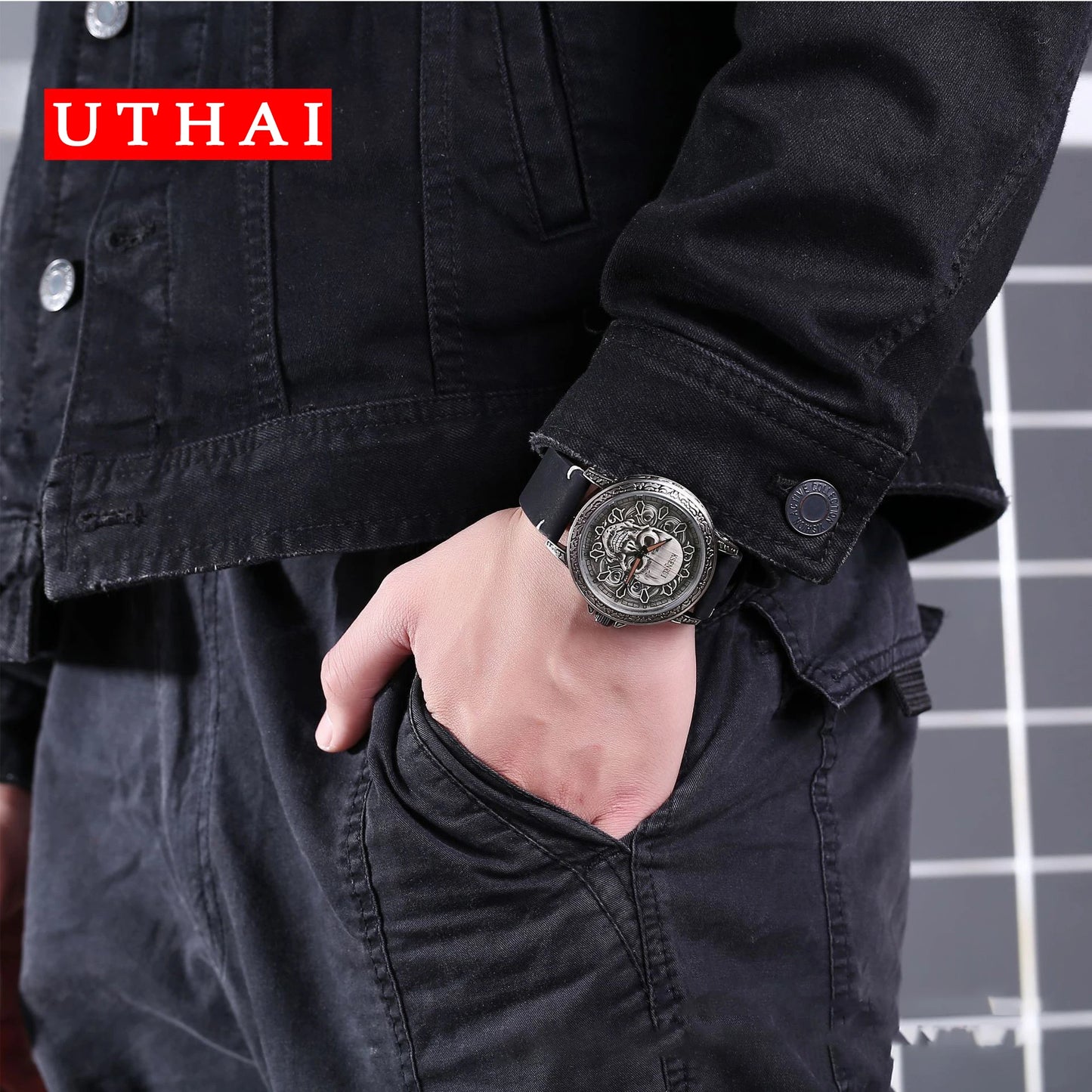 UTHAI CQ301 Trendy and Cool Man watch Skull Leather Strap Quartz Watch Halloween Clock Gift watches for man