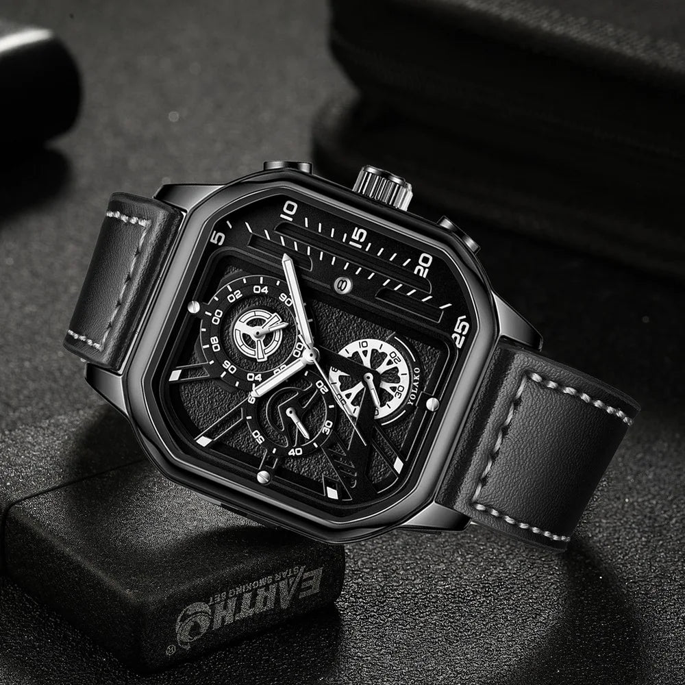 Men Quartz Watches Alloy Dial Business Men Watch PU Leather Strap Big Dial Square Sports Watch Cool Black Wristwatch for Man
