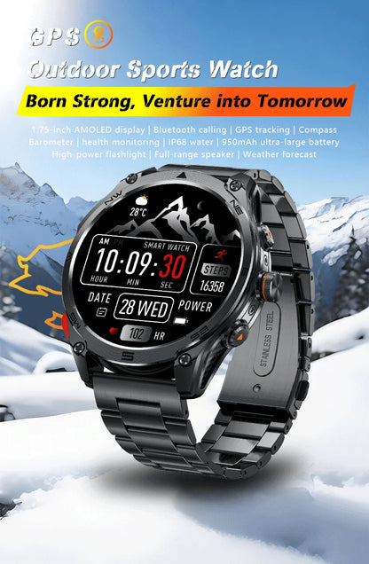 2025 New Military Smart Watch 1000Mah Battery GPS Compass 10ATM Waterproof Tactics Sport Flashlight BT call Smart Watch For Men