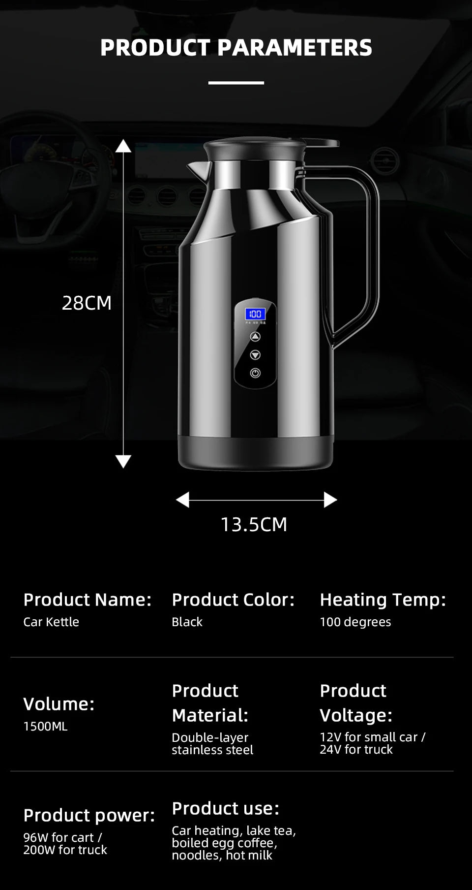 Car Mounted Kettle 12v24v Electric Kettle For Trucks 1500ML Large Capacity Insulated Car Boiling Water Coffee Instant Noodles