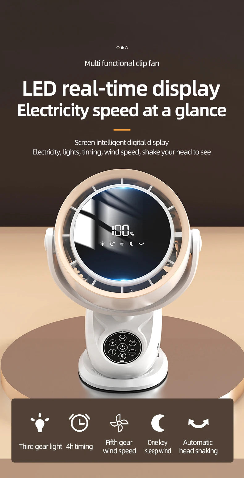Circulating Clip Fan With Remote Control Mini Desktop Fan 4000 mAh Large Capacity Rechargeable Table Fan With Night Light