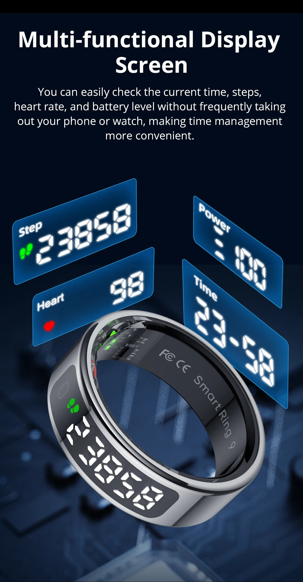 2025 COLMI R12 Smart Ring with Display Screen and Touch, Wireless Charging, Health Manager, 5 ATM Waterproof For Men Women