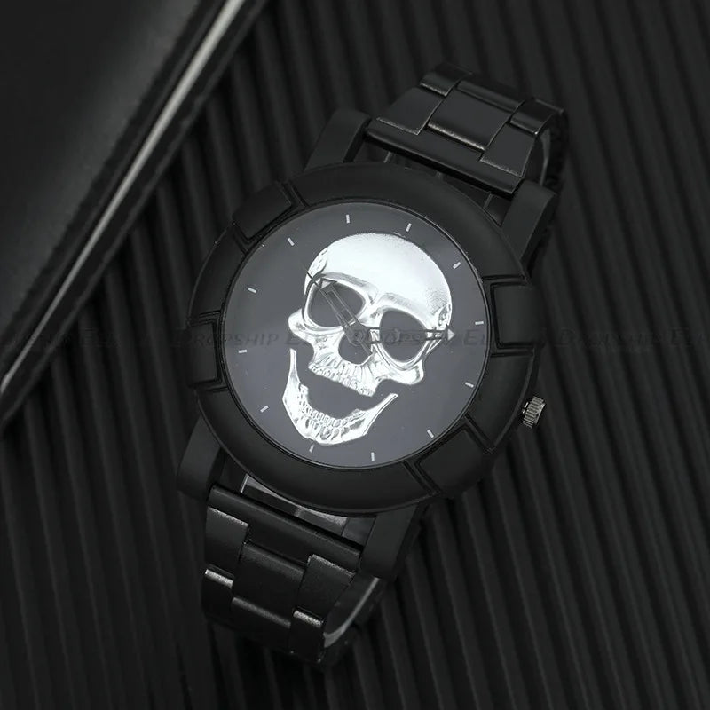Black Gold Dial Quartz Watch Men 3D Skull Head Pattern Stainless Steel Steampunk Rock Engraved Cool Mexico Man Male Reloj Hombre