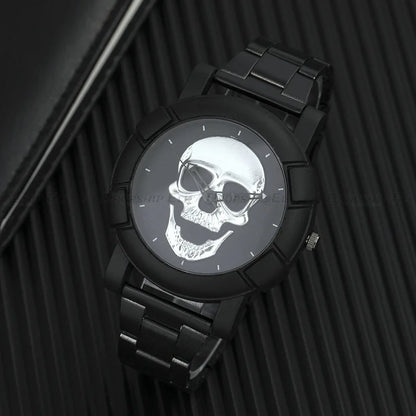 Black Gold Dial Quartz Watch Men 3D Skull Head Pattern Stainless Steel Steampunk Rock Engraved Cool Mexico Man Male Reloj Hombre