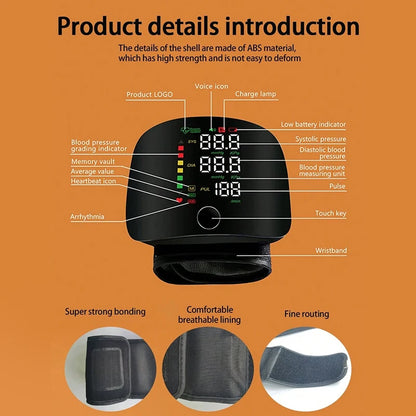 JUSTLANG Rechargeable Blood Pressure Monitor 2 Users Medical Tonometer Wrist Cuff Digital Irregular Pulse Heart Rate Tensiometer