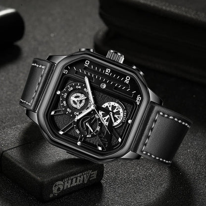 Men Quartz Watches Alloy Dial Business Men Watch PU Leather Strap Big Dial Square Sports Watch Cool Black Wristwatch for Man