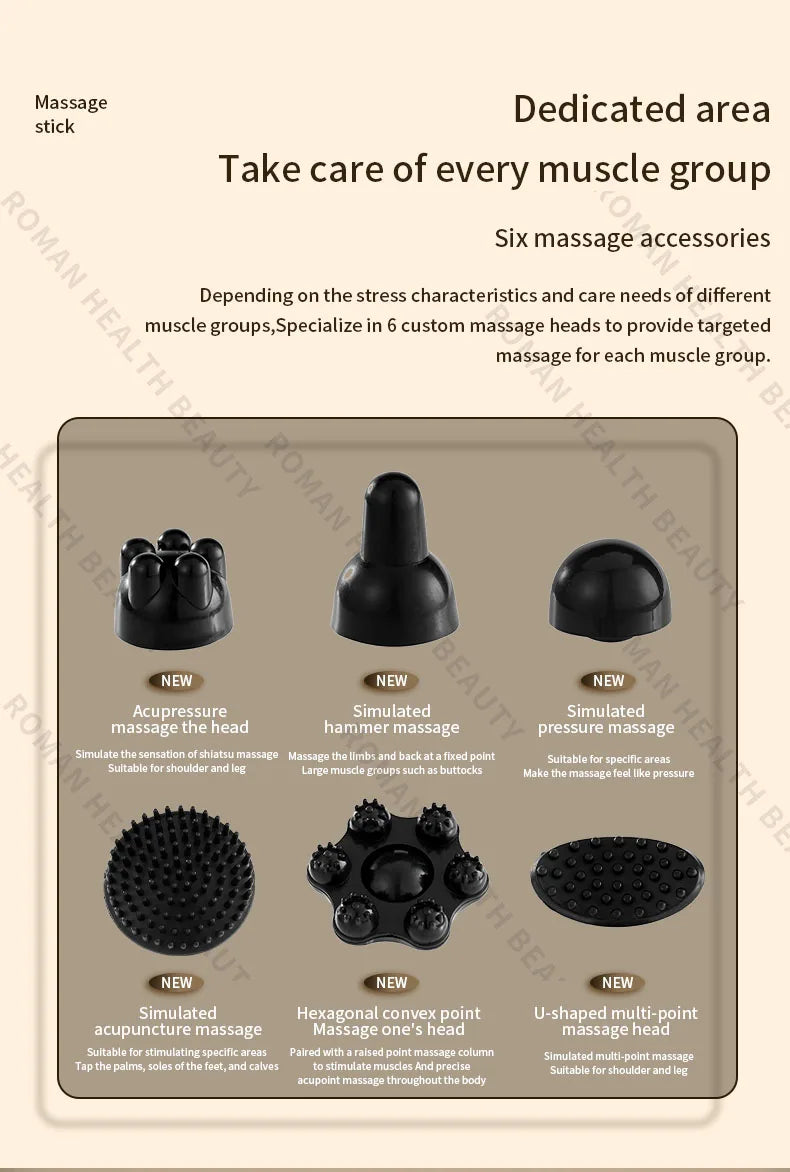 Powerful Deep Tissue Massage Gun 6 Heads Muscle Massager Stick 15 Speed Electric Pain Relief Body Relaxer for Gym Home Office