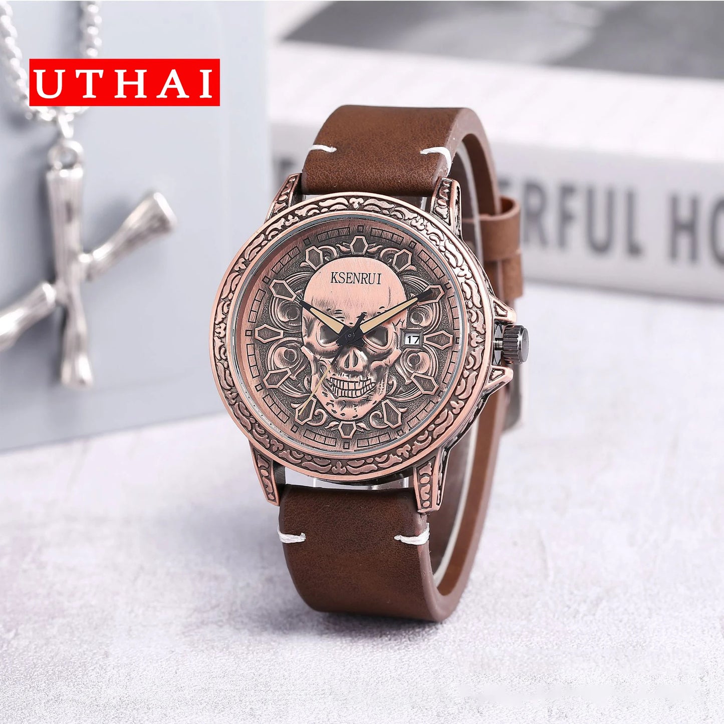 UTHAI CQ301 Trendy and Cool Man watch Skull Leather Strap Quartz Watch Halloween Clock Gift watches for man