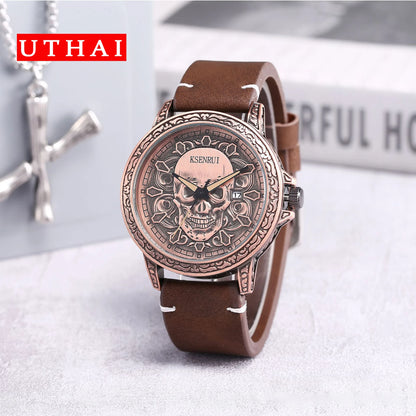 UTHAI CQ301 Trendy and Cool Man watch Skull Leather Strap Quartz Watch Halloween Clock Gift watches for man