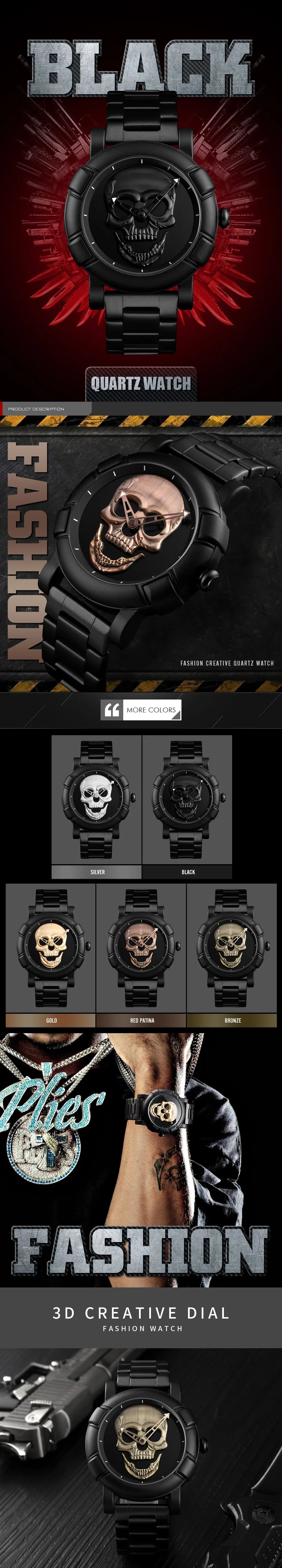 Black Gold Dial Quartz Watch Men 3D Skull Head Pattern Stainless Steel Steampunk Rock Engraved Cool Mexico Man Male Reloj Hombre