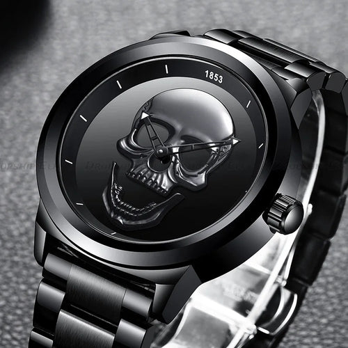 Black Gold Dial Quartz Watch Men 3D Skull Head Pattern Stainless Steel Steampunk Rock Engraved Cool Mexico Man Male Reloj Hombre