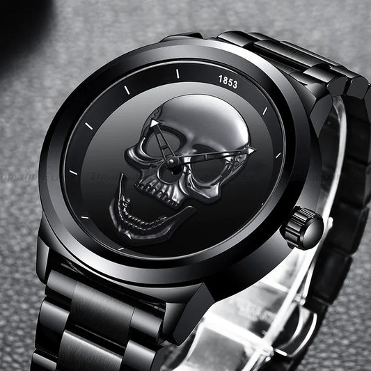 Black Gold Dial Quartz Watch Men 3D Skull Head Pattern Stainless Steel Steampunk Rock Engraved Cool Mexico Man Male Reloj Hombre