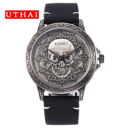 UTHAI CQ301 Trendy and Cool Man watch Skull Leather Strap Quartz Watch Halloween Clock Gift watches for man