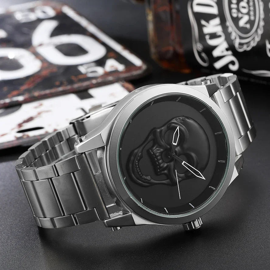Black Gold Dial Quartz Watch Men 3D Skull Head Pattern Stainless Steel Steampunk Rock Engraved Cool Mexico Man Male Reloj Hombre