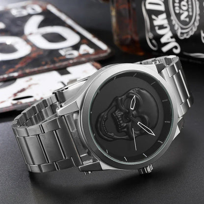 Black Gold Dial Quartz Watch Men 3D Skull Head Pattern Stainless Steel Steampunk Rock Engraved Cool Mexico Man Male Reloj Hombre