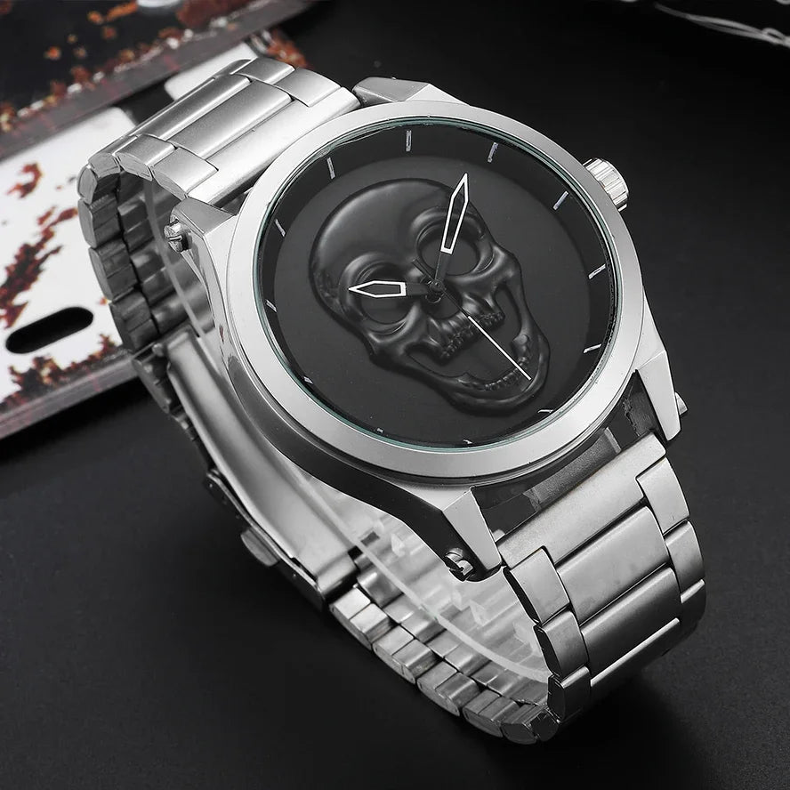 Black Gold Dial Quartz Watch Men 3D Skull Head Pattern Stainless Steel Steampunk Rock Engraved Cool Mexico Man Male Reloj Hombre