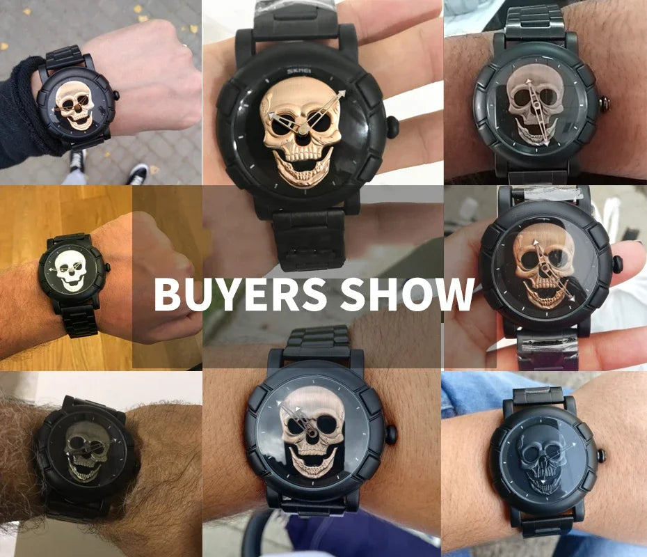 Black Gold Dial Quartz Watch Men 3D Skull Head Pattern Stainless Steel Steampunk Rock Engraved Cool Mexico Man Male Reloj Hombre
