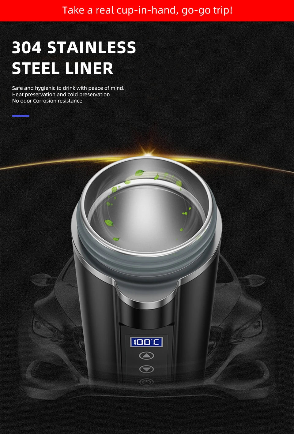 ACCEO 12V/24V Car Heating Cup 450ML Digital Display Vacuum Cup304 Stainless Steel Inner Tank Bottle Electric Thermos Kettle