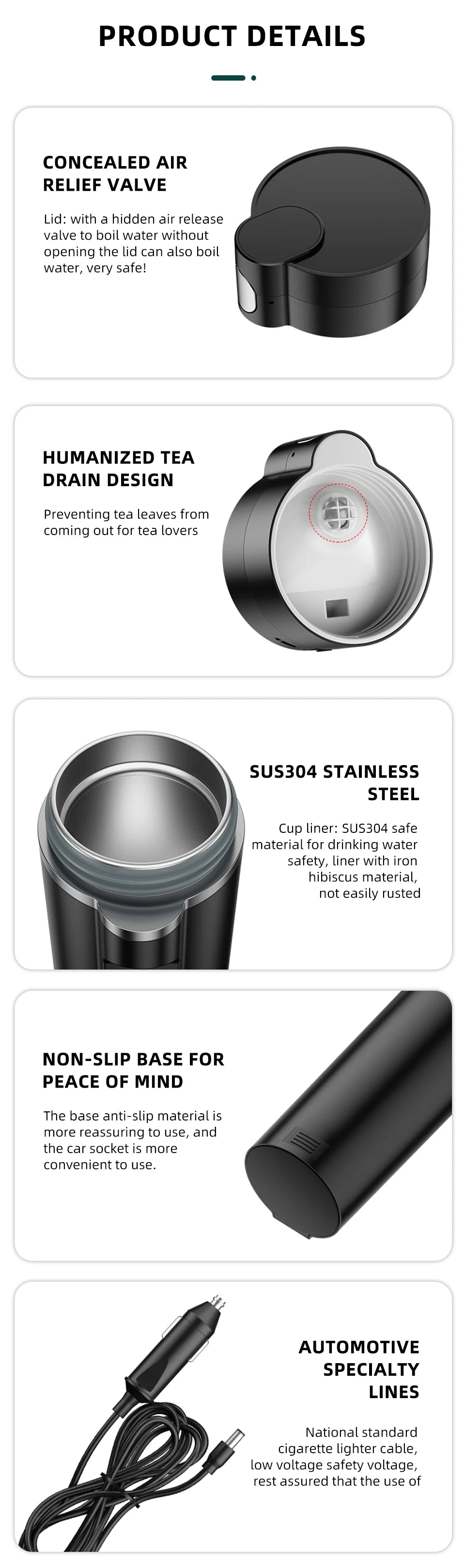 ACCEO 12V/24V Car Heating Cup 450ML Digital Display Vacuum Cup304 Stainless Steel Inner Tank Bottle Electric Thermos Kettle