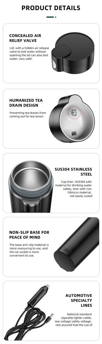 ACCEO 12V/24V Car Heating Cup 450ML Digital Display Vacuum Cup304 Stainless Steel Inner Tank Bottle Electric Thermos Kettle