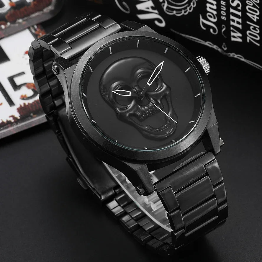 Black Gold Dial Quartz Watch Men 3D Skull Head Pattern Stainless Steel Steampunk Rock Engraved Cool Mexico Man Male Reloj Hombre