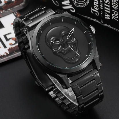 Black Gold Dial Quartz Watch Men 3D Skull Head Pattern Stainless Steel Steampunk Rock Engraved Cool Mexico Man Male Reloj Hombre