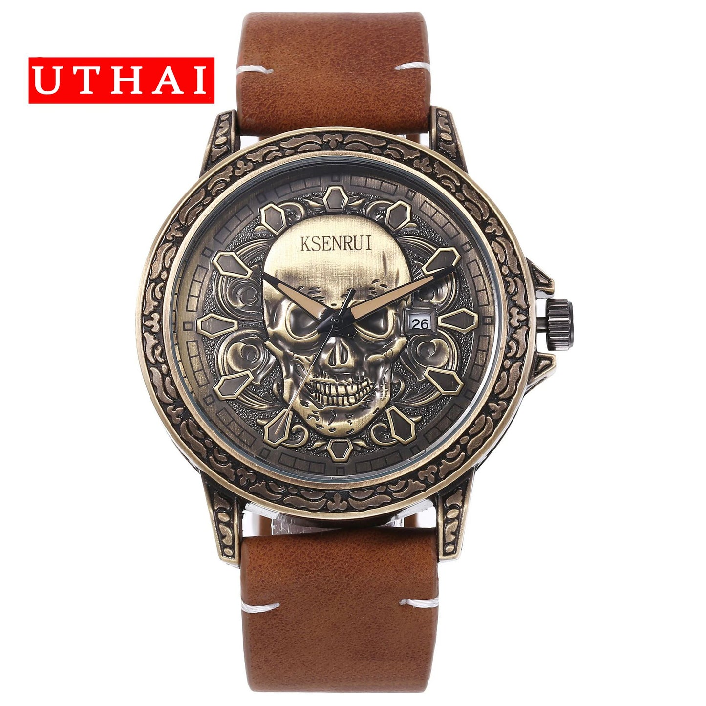 UTHAI CQ301 Trendy and Cool Man watch Skull Leather Strap Quartz Watch Halloween Clock Gift watches for man