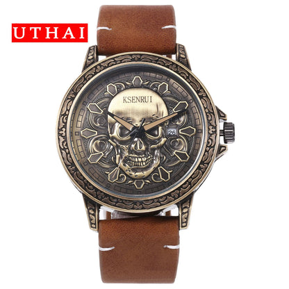 UTHAI CQ301 Trendy and Cool Man watch Skull Leather Strap Quartz Watch Halloween Clock Gift watches for man