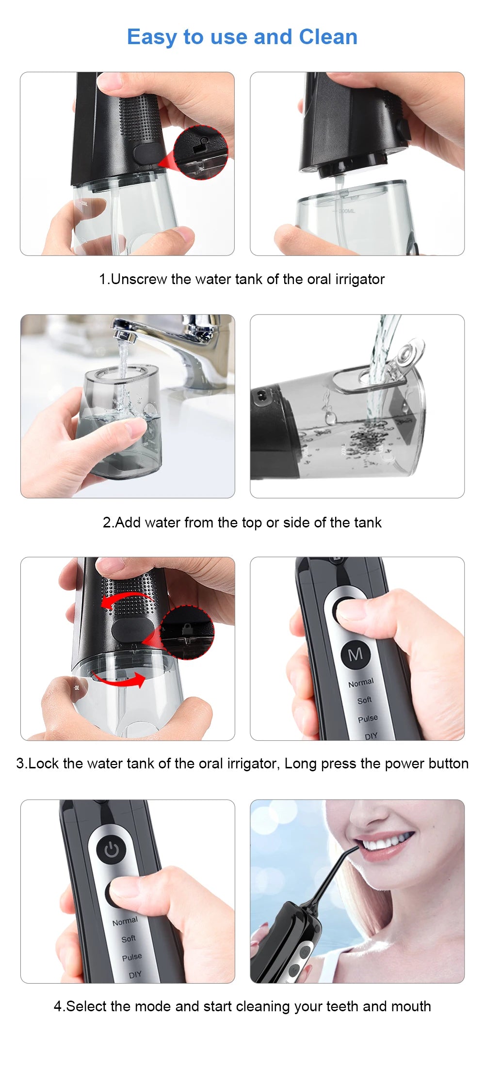 INSMART Oral Irrigator Dental Water Flosser Teeth Whitening Waterproof Portable Dental Water Jet Floss 300ML Teeth Cleaner
