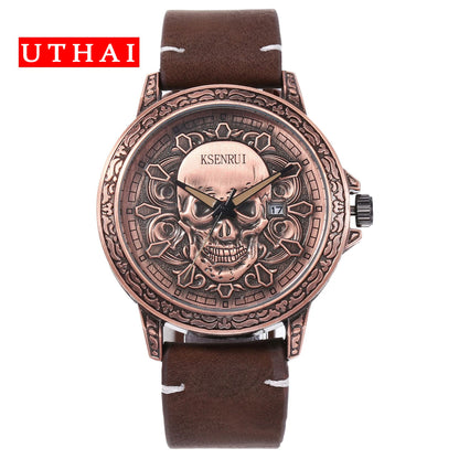 UTHAI CQ301 Trendy and Cool Man watch Skull Leather Strap Quartz Watch Halloween Clock Gift watches for man
