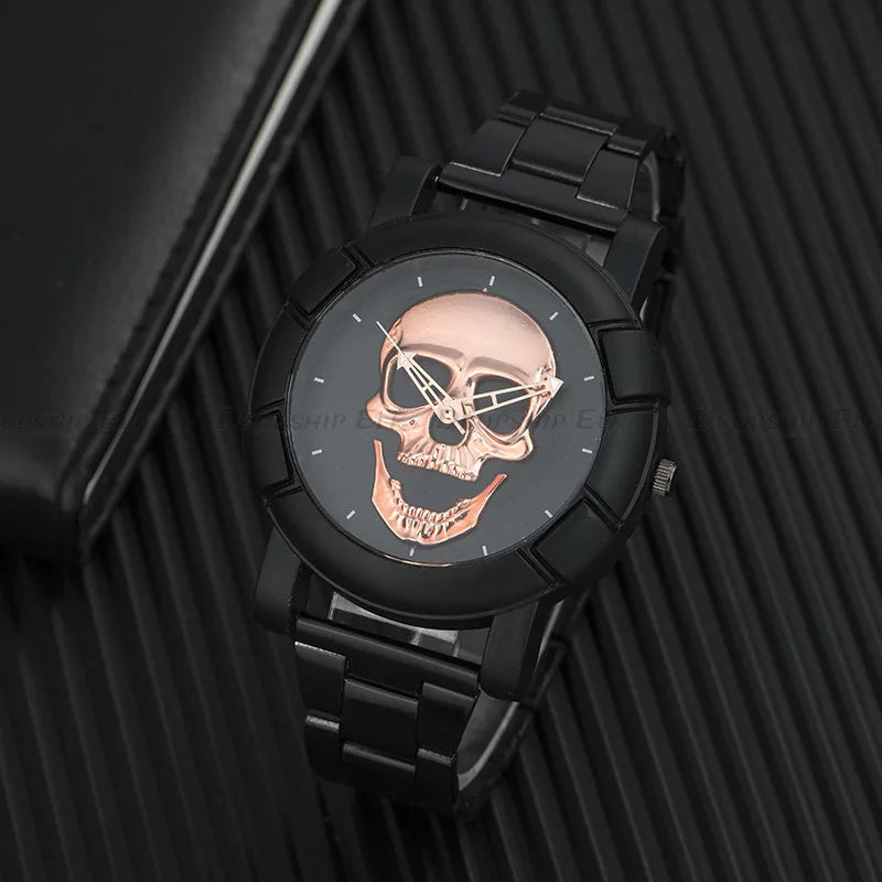 Black Gold Dial Quartz Watch Men 3D Skull Head Pattern Stainless Steel Steampunk Rock Engraved Cool Mexico Man Male Reloj Hombre