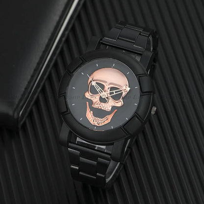 Black Gold Dial Quartz Watch Men 3D Skull Head Pattern Stainless Steel Steampunk Rock Engraved Cool Mexico Man Male Reloj Hombre