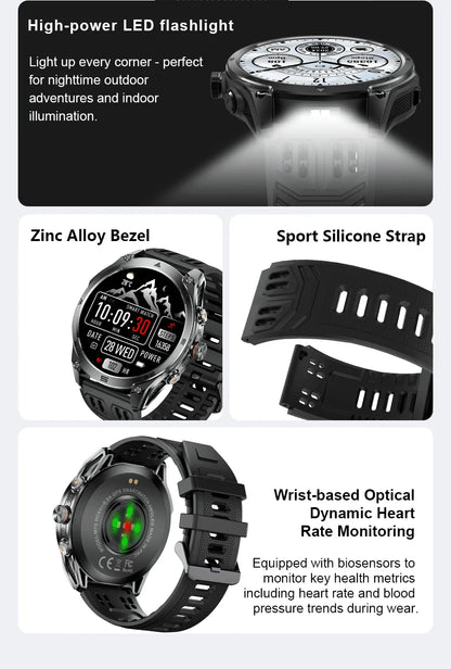 2025 New Military Smart Watch 1000Mah Battery GPS Compass 10ATM Waterproof Tactics Sport Flashlight BT call Smart Watch For Men