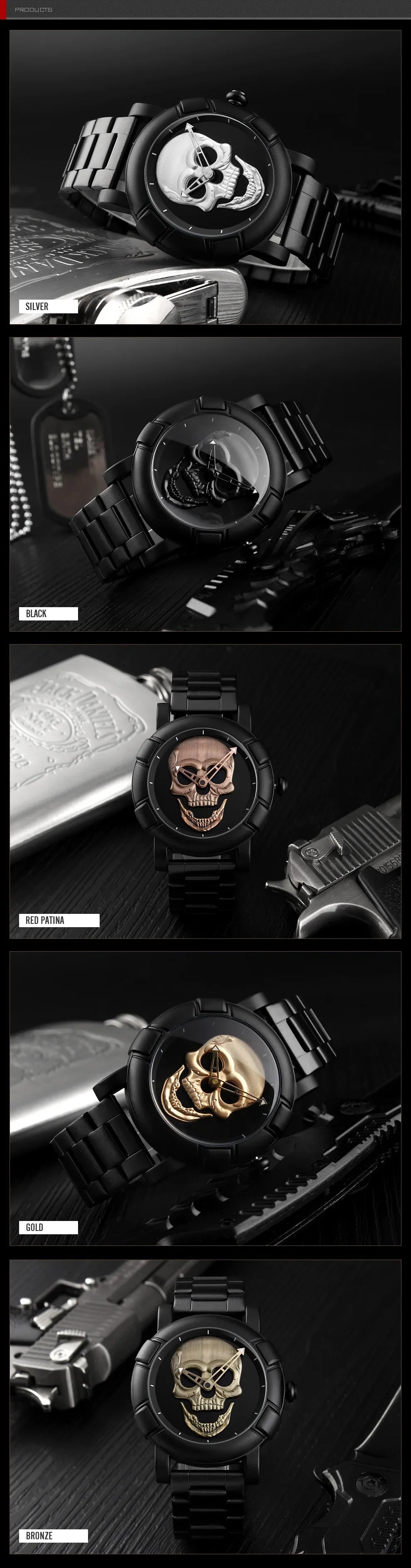 Black Gold Dial Quartz Watch Men 3D Skull Head Pattern Stainless Steel Steampunk Rock Engraved Cool Mexico Man Male Reloj Hombre