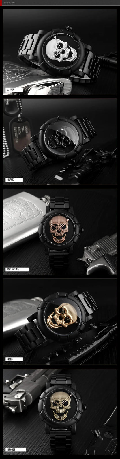 Black Gold Dial Quartz Watch Men 3D Skull Head Pattern Stainless Steel Steampunk Rock Engraved Cool Mexico Man Male Reloj Hombre