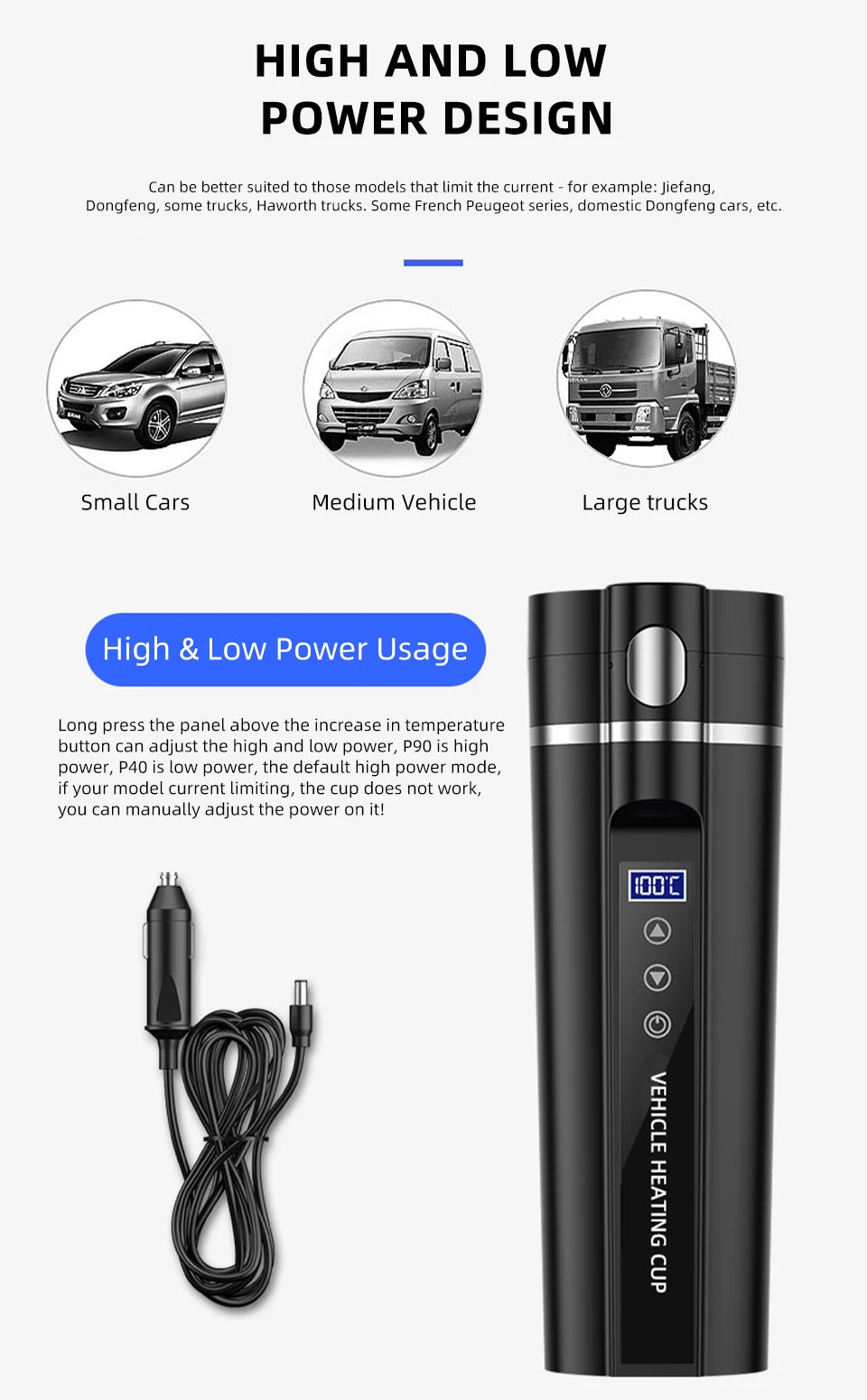 ACCEO 12V/24V Car Heating Cup 450ML Digital Display Vacuum Cup304 Stainless Steel Inner Tank Bottle Electric Thermos Kettle