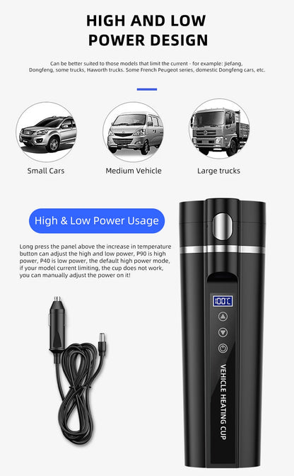 ACCEO 12V/24V Car Heating Cup 450ML Digital Display Vacuum Cup304 Stainless Steel Inner Tank Bottle Electric Thermos Kettle
