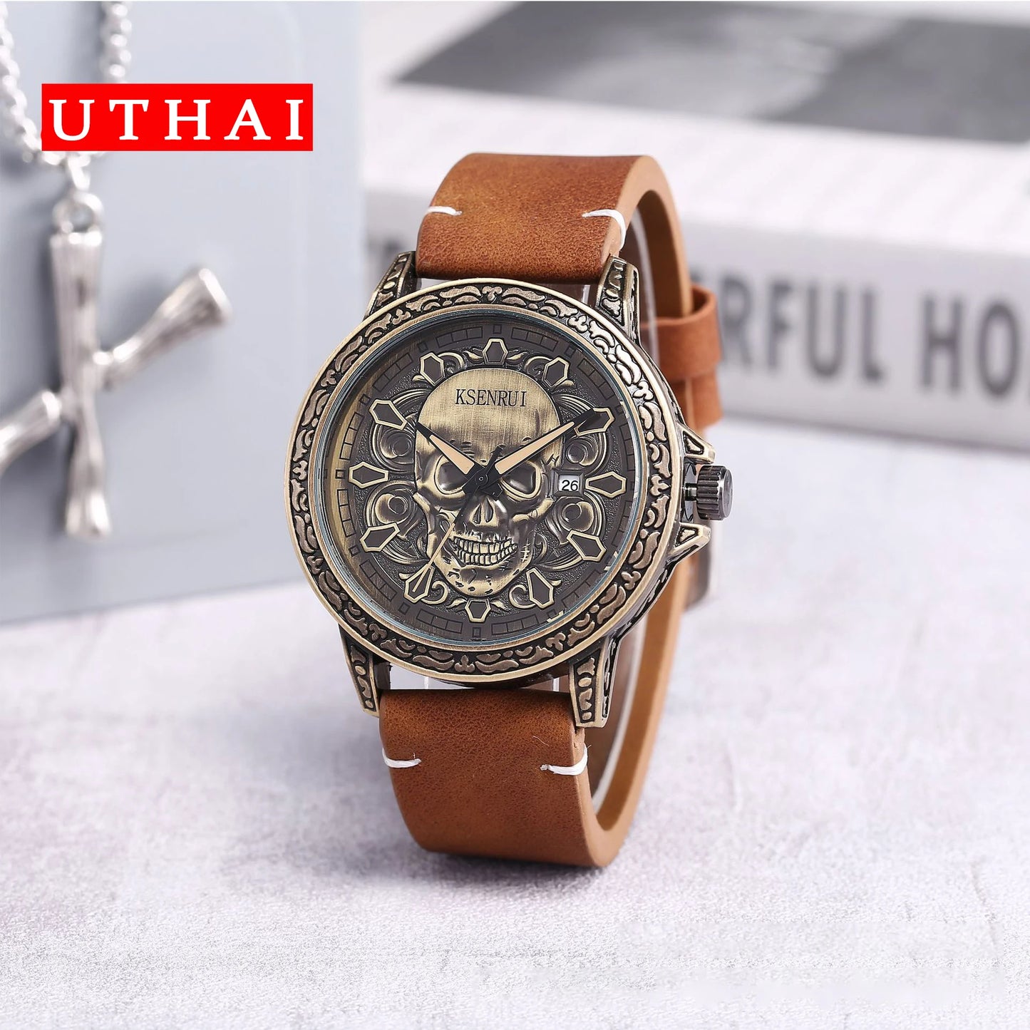 UTHAI CQ301 Trendy and Cool Man watch Skull Leather Strap Quartz Watch Halloween Clock Gift watches for man