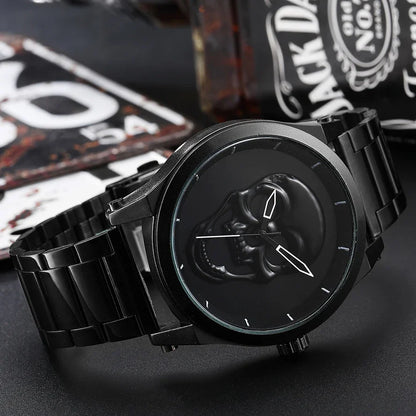 Black Gold Dial Quartz Watch Men 3D Skull Head Pattern Stainless Steel Steampunk Rock Engraved Cool Mexico Man Male Reloj Hombre