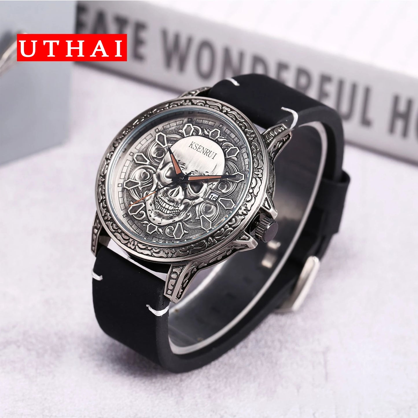 UTHAI CQ301 Trendy and Cool Man watch Skull Leather Strap Quartz Watch Halloween Clock Gift watches for man