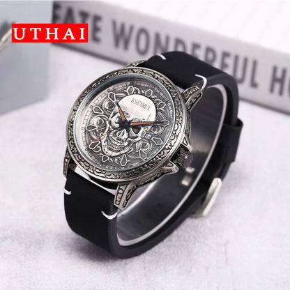 UTHAI CQ301 Trendy and Cool Man watch Skull Leather Strap Quartz Watch Halloween Clock Gift watches for man