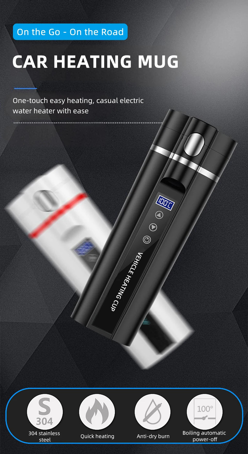 ACCEO 12V/24V Car Heating Cup 450ML Digital Display Vacuum Cup304 Stainless Steel Inner Tank Bottle Electric Thermos Kettle