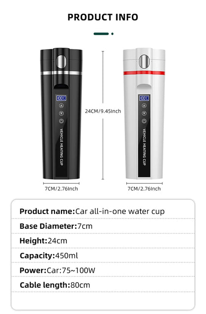ACCEO 12V/24V Car Heating Cup 450ML Digital Display Vacuum Cup304 Stainless Steel Inner Tank Bottle Electric Thermos Kettle