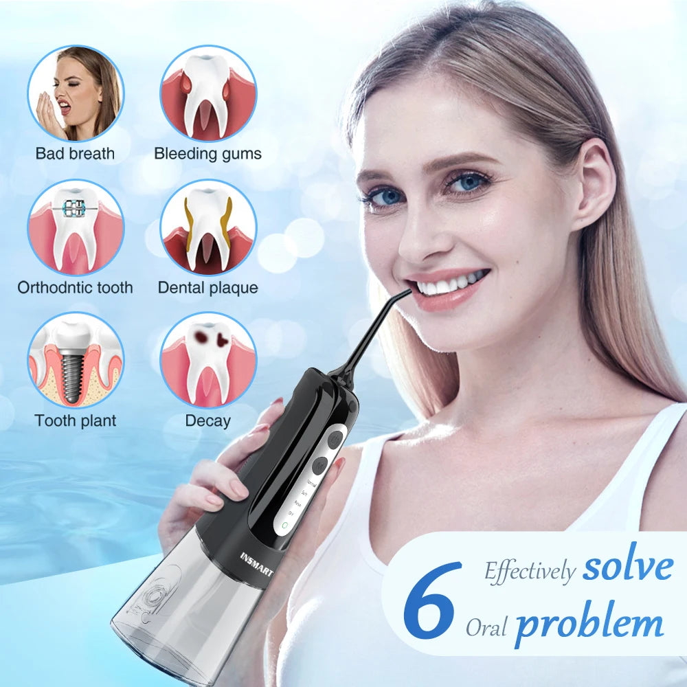 INSMART Oral Irrigator Dental Water Flosser Teeth Whitening Waterproof Portable Dental Water Jet Floss 300ML Teeth Cleaner