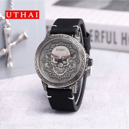 UTHAI CQ301 Trendy and Cool Man watch Skull Leather Strap Quartz Watch Halloween Clock Gift watches for man
