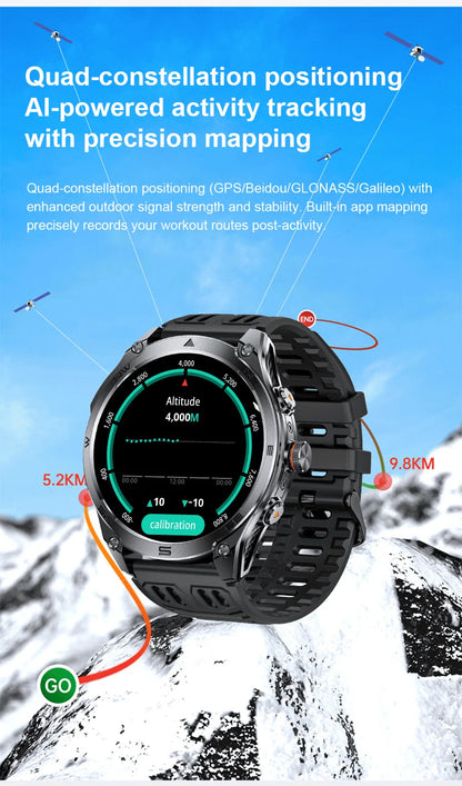 2025 New Military Smart Watch 1000Mah Battery GPS Compass 10ATM Waterproof Tactics Sport Flashlight BT call Smart Watch For Men