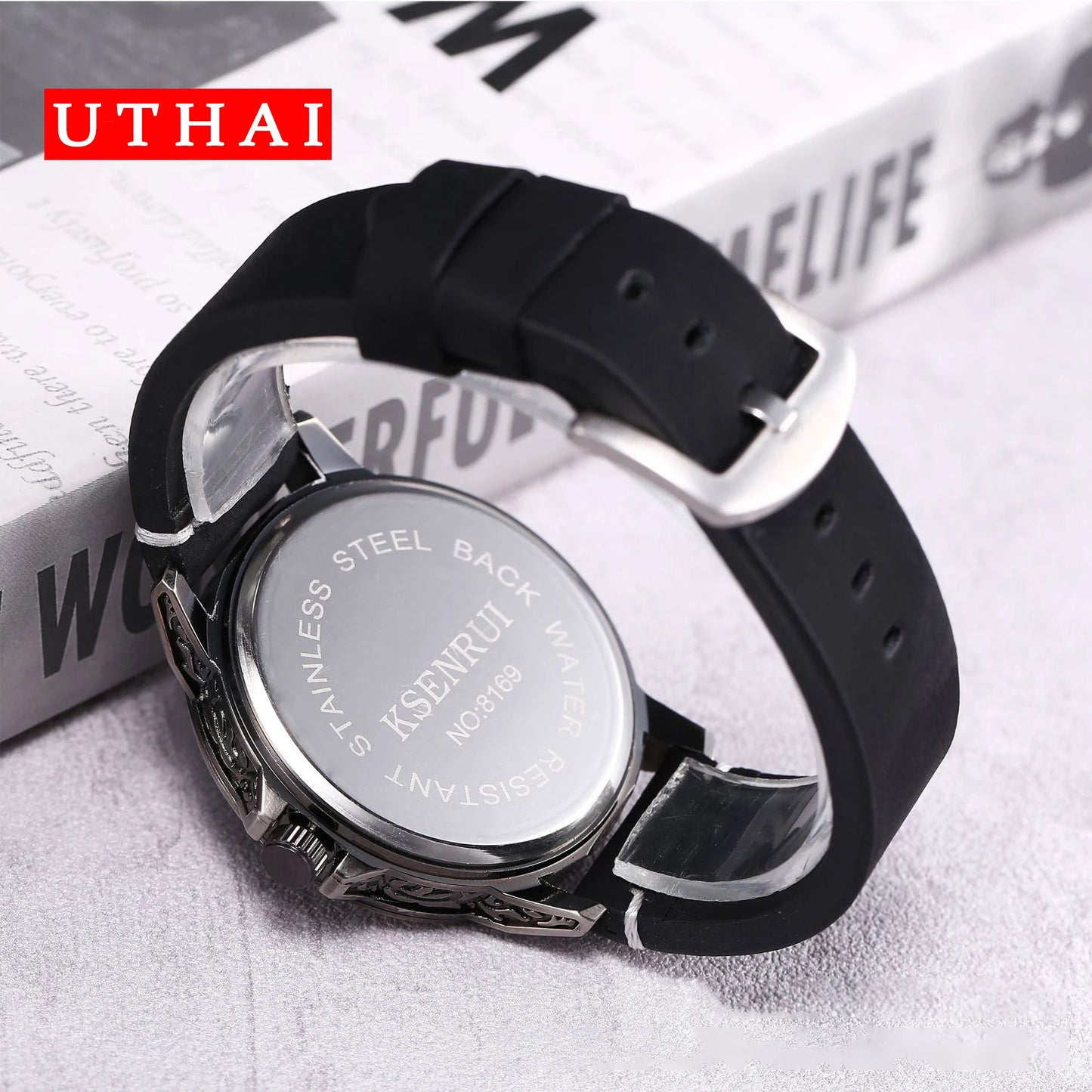 UTHAI CQ301 Trendy and Cool Man watch Skull Leather Strap Quartz Watch Halloween Clock Gift watches for man